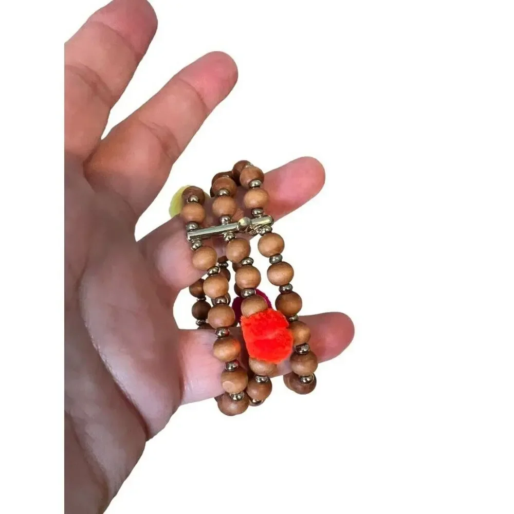 Baublebar Wood Beaded Stretch Bracelet Pom Pom Tribal Three Strand